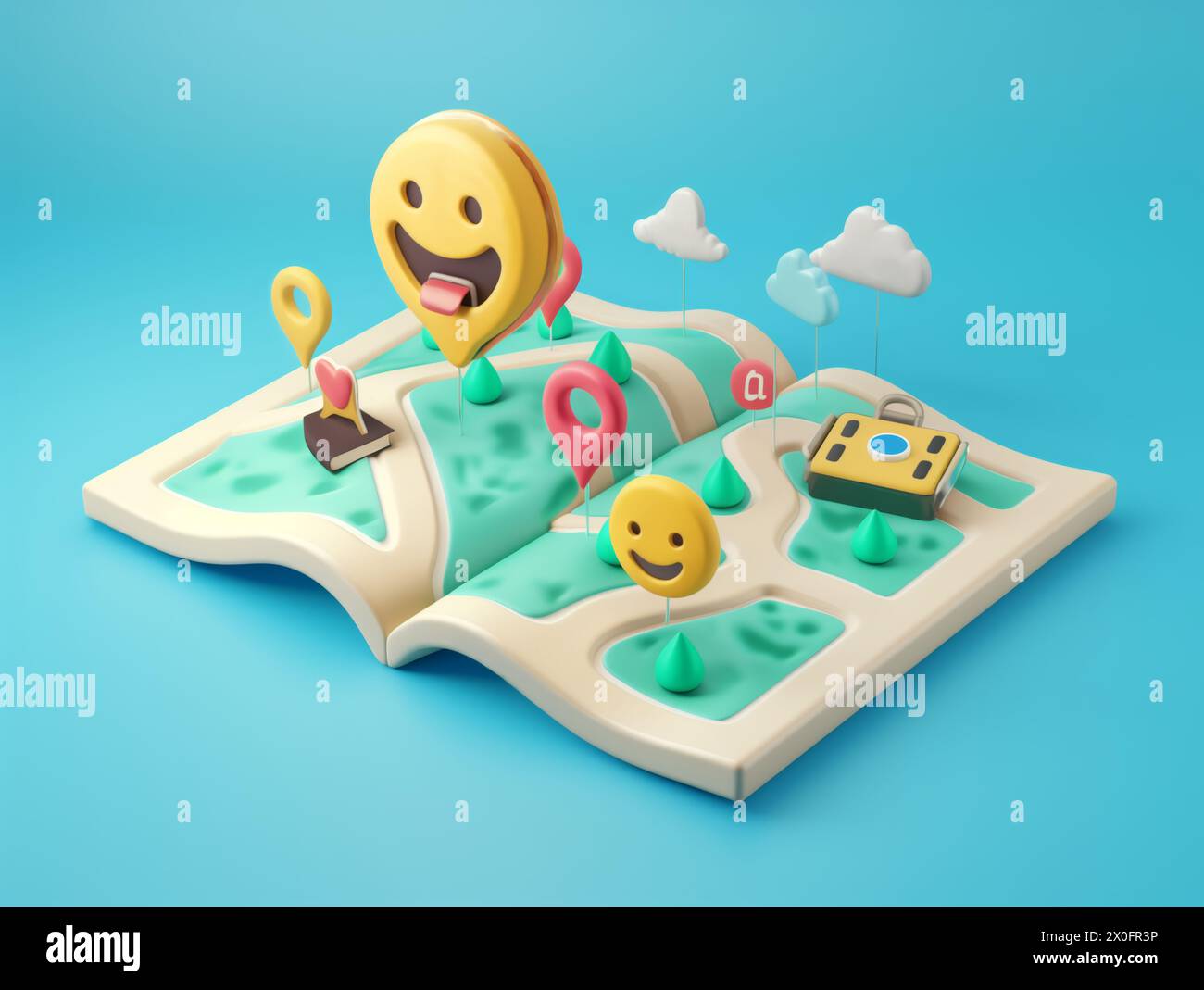 Smilie Face MAP gps emoji 3d render happy Foto Stock
