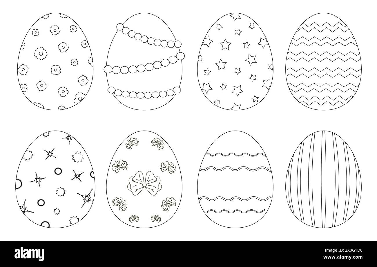 Libri da colorare per bambini. Un set di uova di Pasqua decorate in modi diversi. Disegno del contorno vettoriale Illustrazione Vettoriale