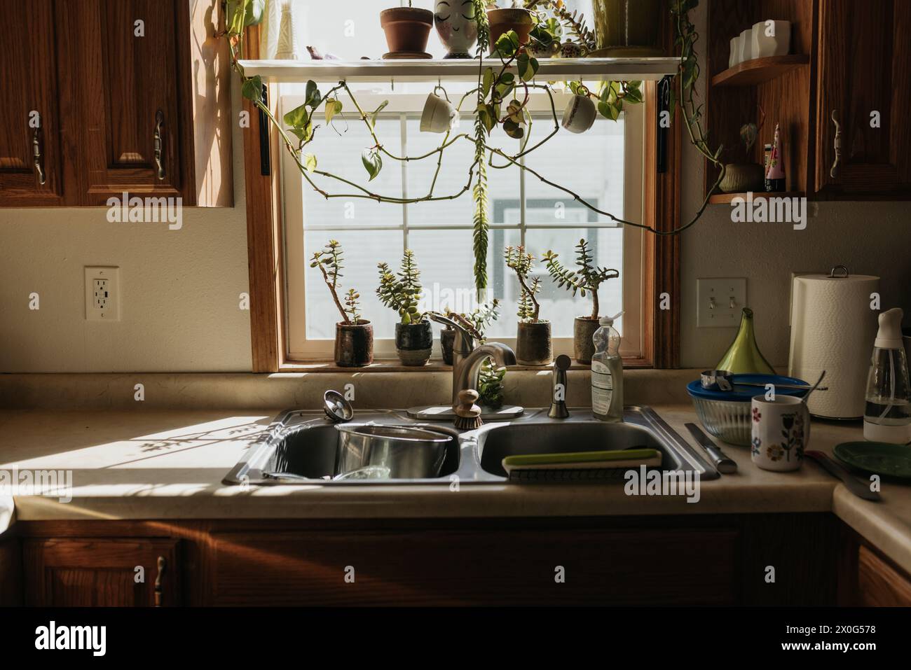 Il sole scorre nella finestra della cucina con lavandino pieno di piatti sporchi Foto Stock