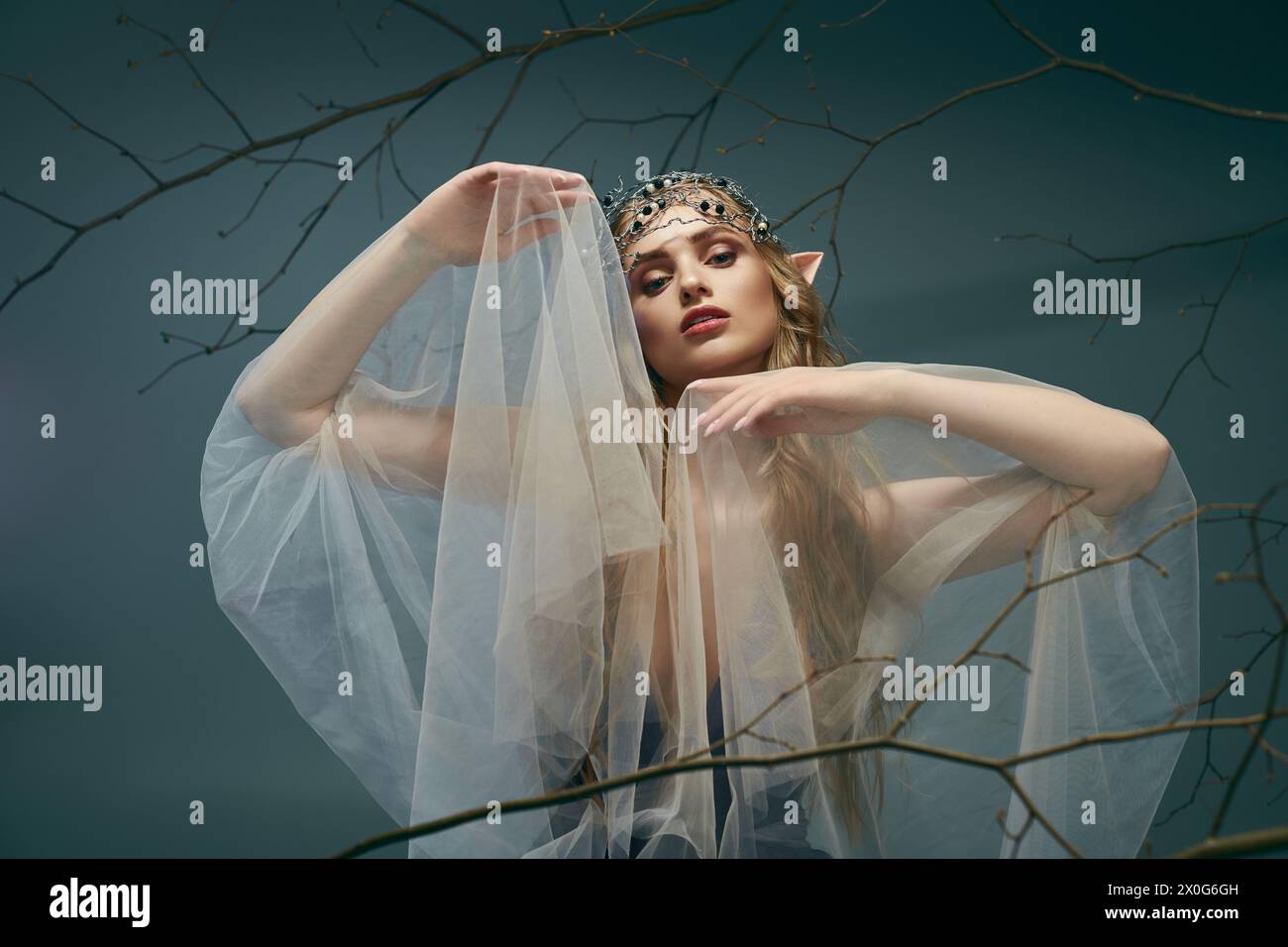 Una giovane donna, vestita da principessa elfica, si erge con un velo che adorna la sua testa in un mistico ambiente studio. Foto Stock