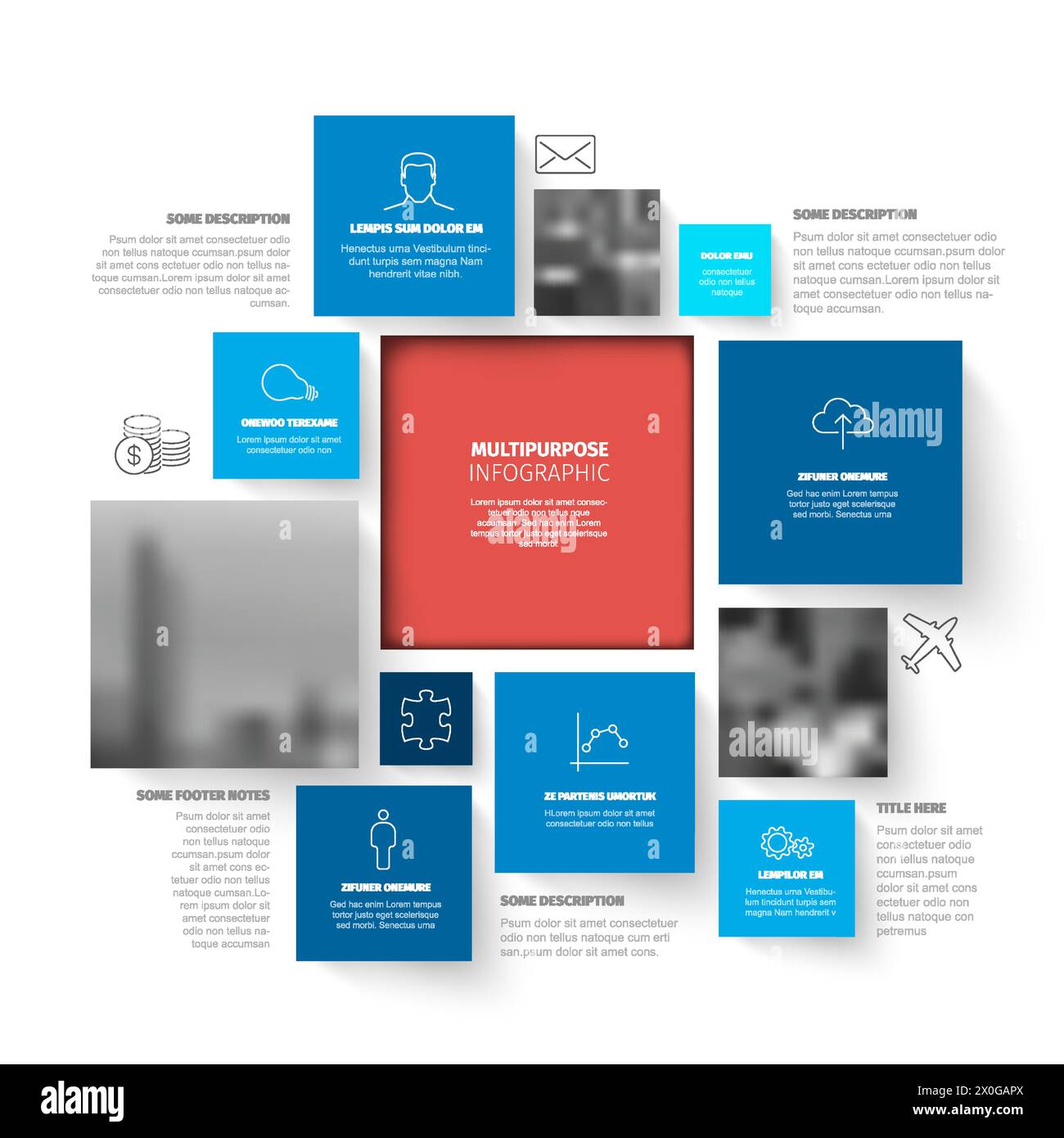 Mosaico rettangoli blu minimalista vettoriale modello di report infografico con vari blocchi quadrati e segnaposto fotografici con un blocco grande contenente Illustrazione Vettoriale