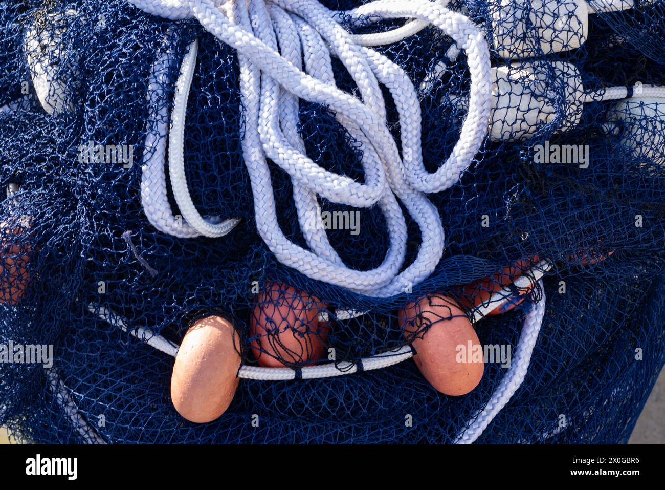 Una rete da pesca professionale blu. Pesca e tempo libero. Foto Stock