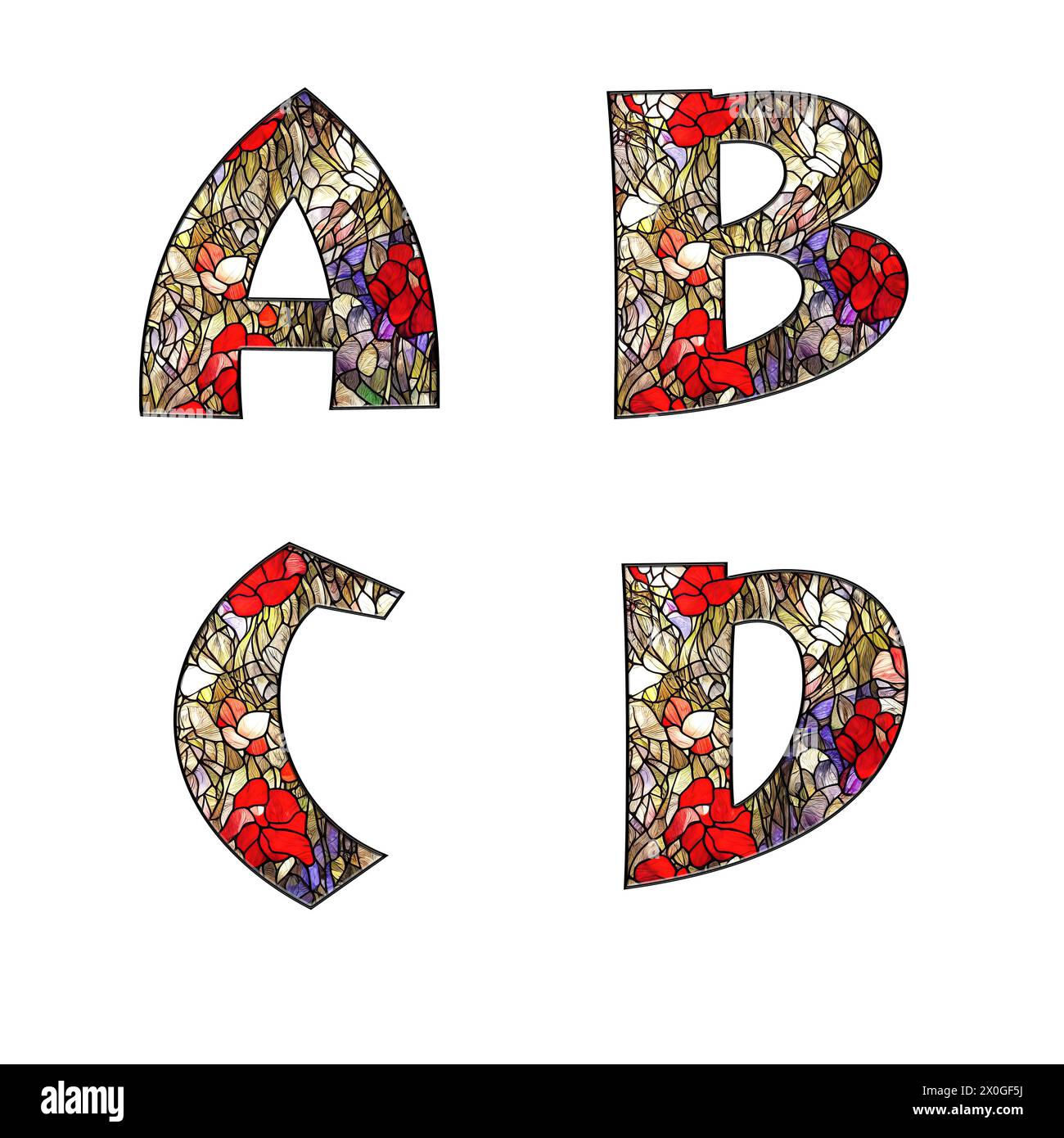 Illustrazione dell'alfabeto ornamentale floreale in vetro colorato - lettere A-D. Foto Stock