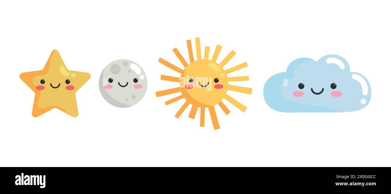 Carino cartone animato che sorride i personaggi del cielo. Stile infantile. Icone di stella, luna, sole e nuvole. Illustrazione vettoriale Illustrazione Vettoriale