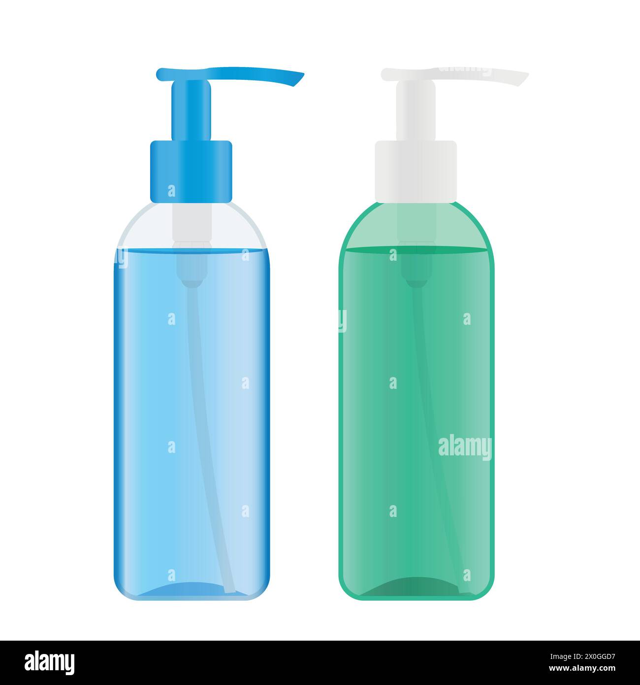 Flaconi in plastica con liquido verde e blu all'interno. Flaconi dispenser con prodotto cosmetico come il gel detergente. Illustrazione vettoriale Illustrazione Vettoriale