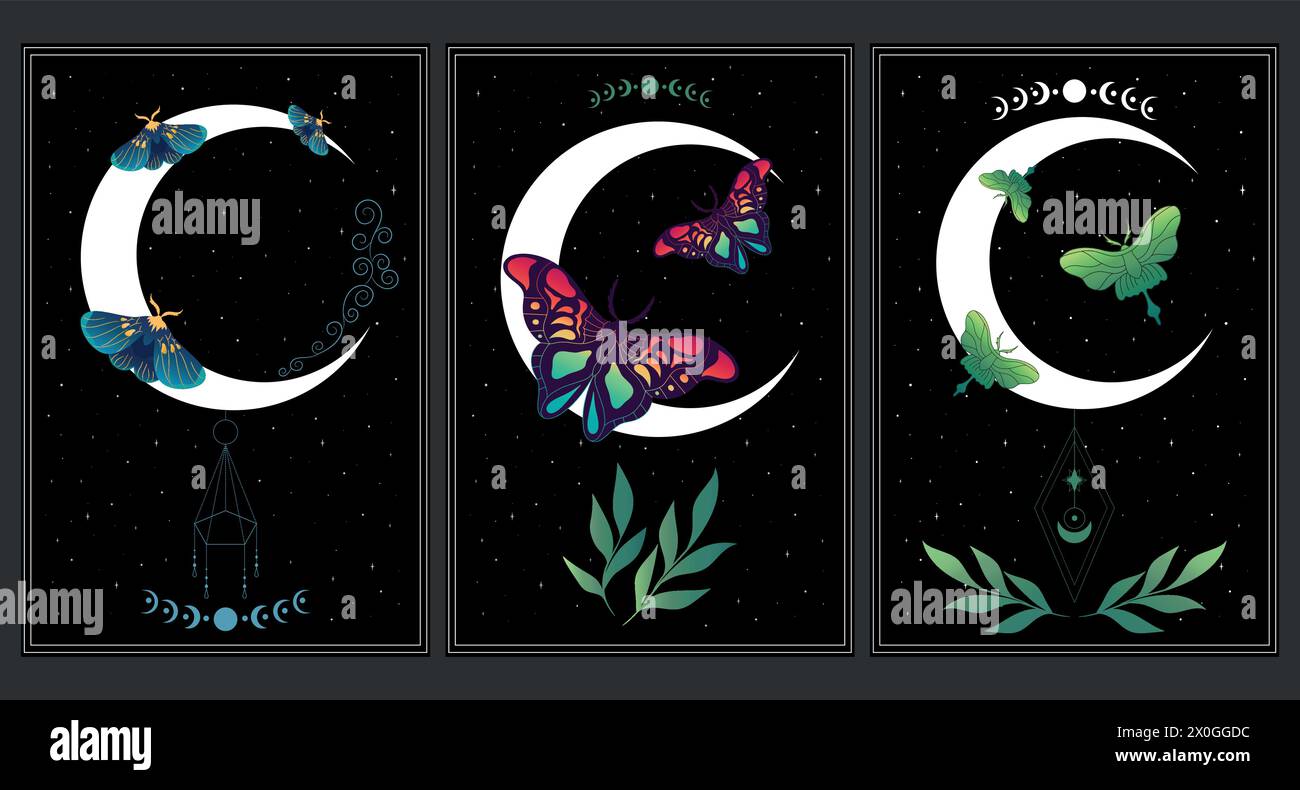 Set di sfondo celeste con farfalle, stelle e luna crescente. Poster Space art con farfalle. Illustrazione vettoriale Illustrazione Vettoriale