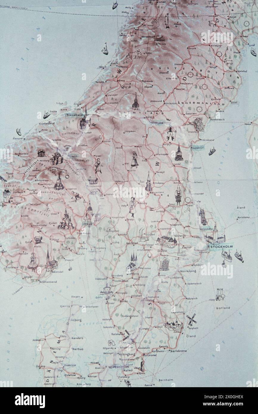 Una mappa mostra chiese e altri luoghi di interesse nella Scandinavia meridionale. [traduzione automatizzata] Foto Stock