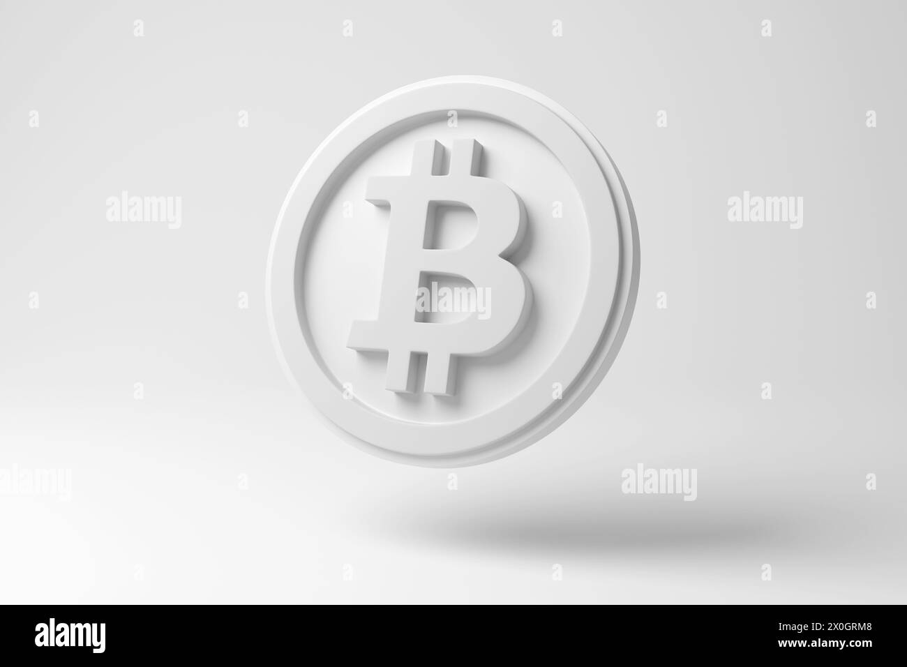 Bitcoin bianco su sfondo bianco monocromatico e minimalista. Criptovalute e finanza decentrata (Defi) e registri distribuiti Foto Stock