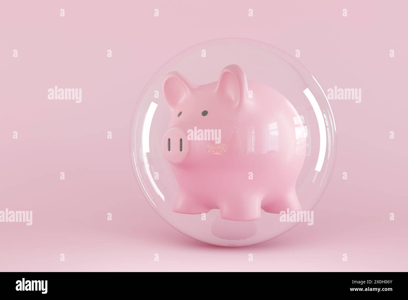 Salvadanaio rosa con bolla trasparente su sfondo rosa. Illustrazione del concetto di protezione patrimoniale, investimenti diversificati e sicurezza sociale Foto Stock