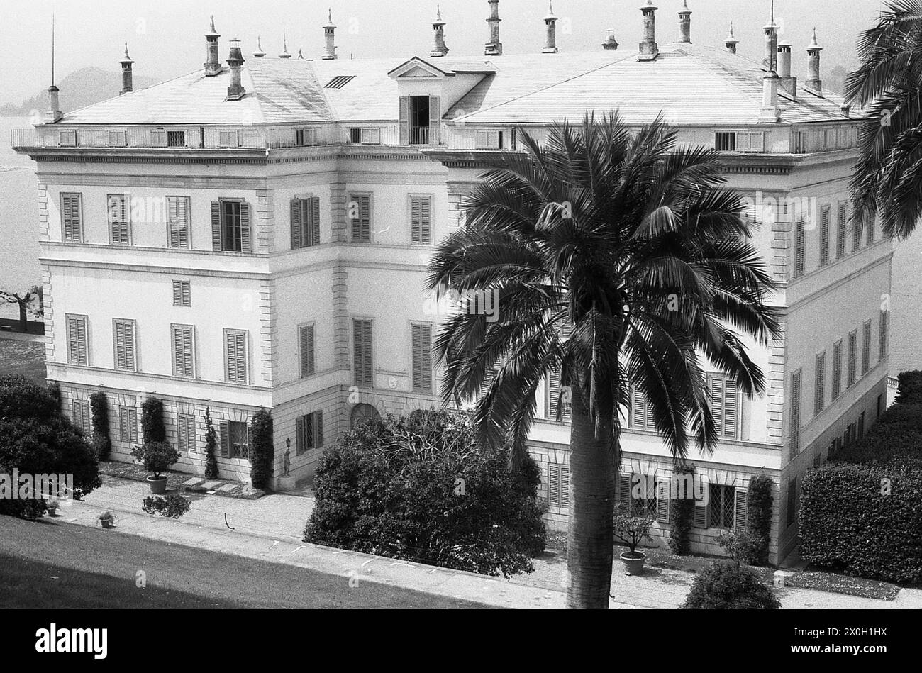 Villa Carlotta, dietro una palma, a Tremezzo sul Lago di Como, Italia. Foto Stock
