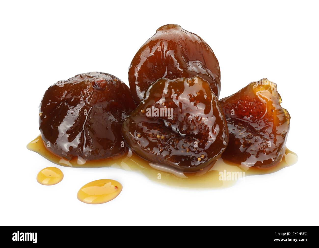 Gustosa marmellata di fichi dolci isolata su bianco Foto Stock