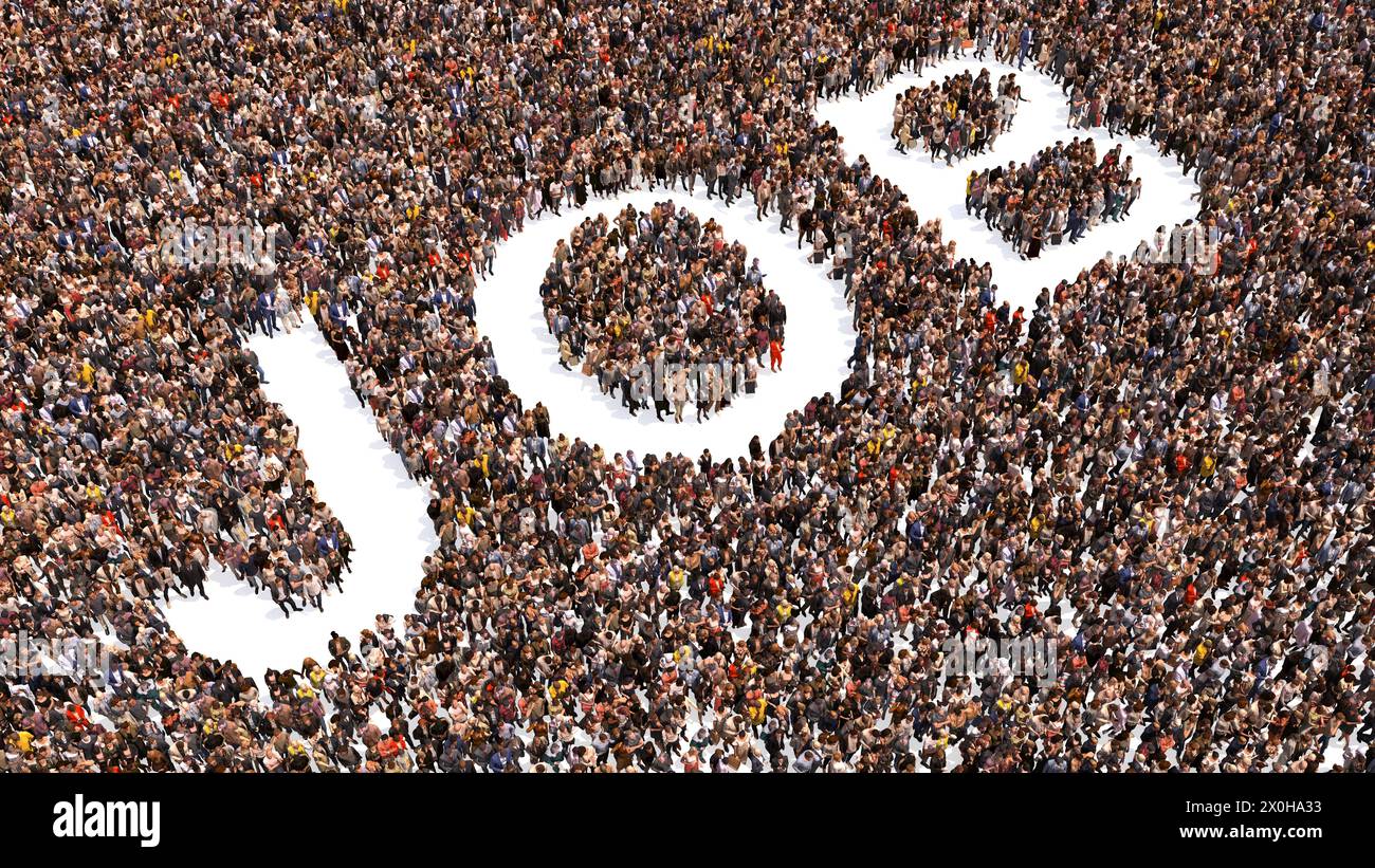 Concetto o grande comunità concettuale di persone che formano parola DI LAVORO. 3d metafora illustrativa per il lavoro, le risorse umane, l'occupazione, il reclutamento, la carriera Foto Stock