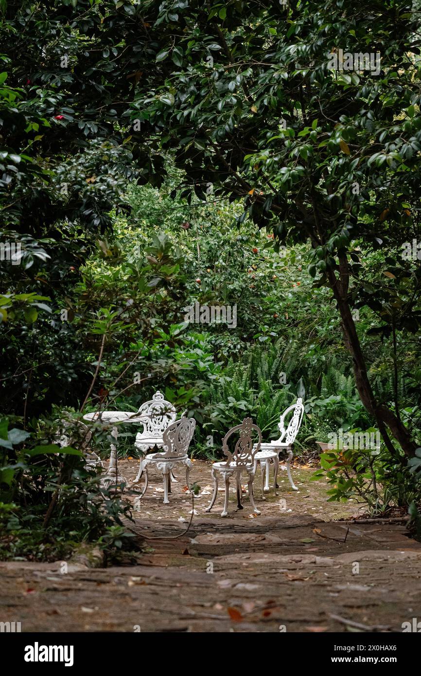 Mobili in metallo per esterni, set vintage. Tavolo rotondo e quattro sedie bianche. Pranzo nel cortile, circondato da alberi. Area relax in giardino Foto Stock