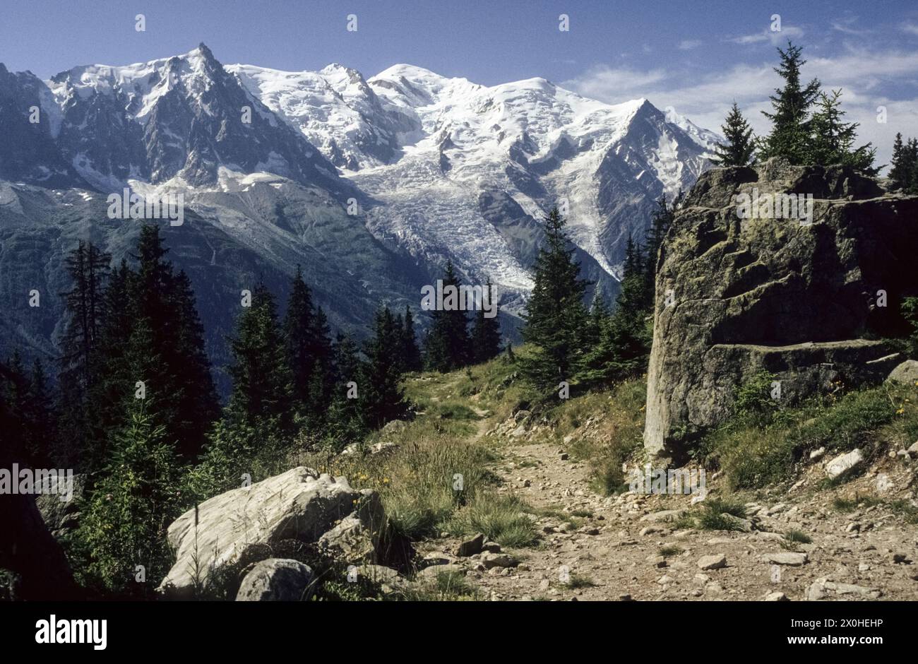 Il massiccio del Monte bianco con il Glacier des Bossons dal sentiero escursionistico in direzione di Planpraz . [traduzione automatizzata] Foto Stock