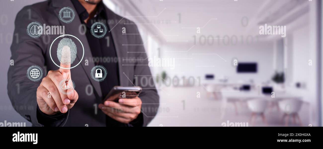 concetto di sicurezza informatica. software di sicurezza biometrica, protezione delle informazioni private. Identificazione delle impronte digitali. Foto Stock