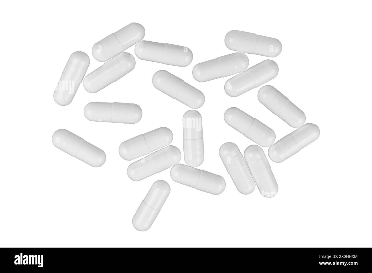 Capsule di pillole bianche sparse isolate su sfondo bianco. Antibiotici, integratore, vitamina, concetto di assistenza sanitaria, medicina farmaceutica Foto Stock
