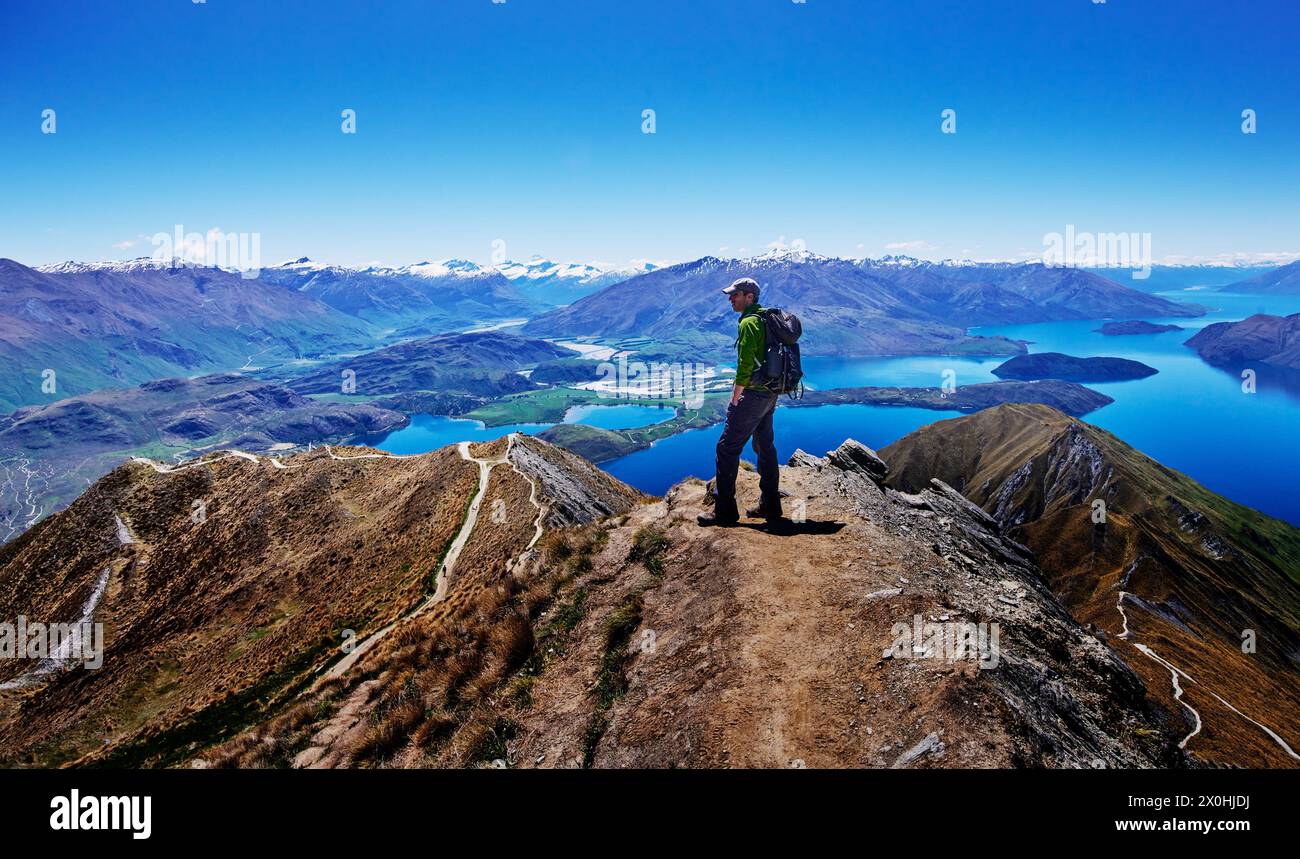 Escursionista ammirando la vista dalla vetta del Monte Roy, South Island, nuova Zelanda Foto Stock