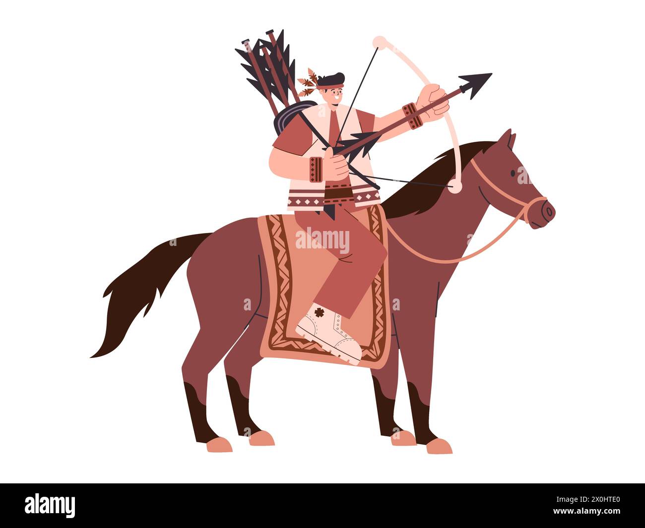Illustrazione della tribù nativa americana con il tiro con l'arco e cavallo di colore marrone Illustrazione Vettoriale