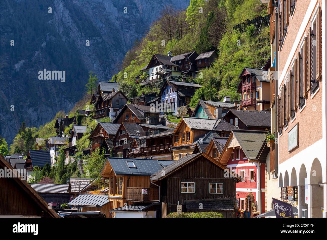 Hallstatt, alta Austria, Austria. 12 aprile 2024. Famosa città austriaca di Hallstatt in primavera. Hallstatt è un villaggio sulla riva occidentale del lago Hallstatt, nella regione montuosa del Salzkammergut in Austria. Le sue case e i vicoli alpini del XVI secolo ospitano caffetterie e negozi. La città è particolarmente popolare tra i turisti cinesi; così popolare infatti, che la Cina costruì una replica della città, che aprì nel 2012. (Immagine di credito: © Andreas Stroh/ZUMA Press Wire/Alamy Live News) SOLO PER USO EDITORIALE! Non per USO commerciale! Foto Stock