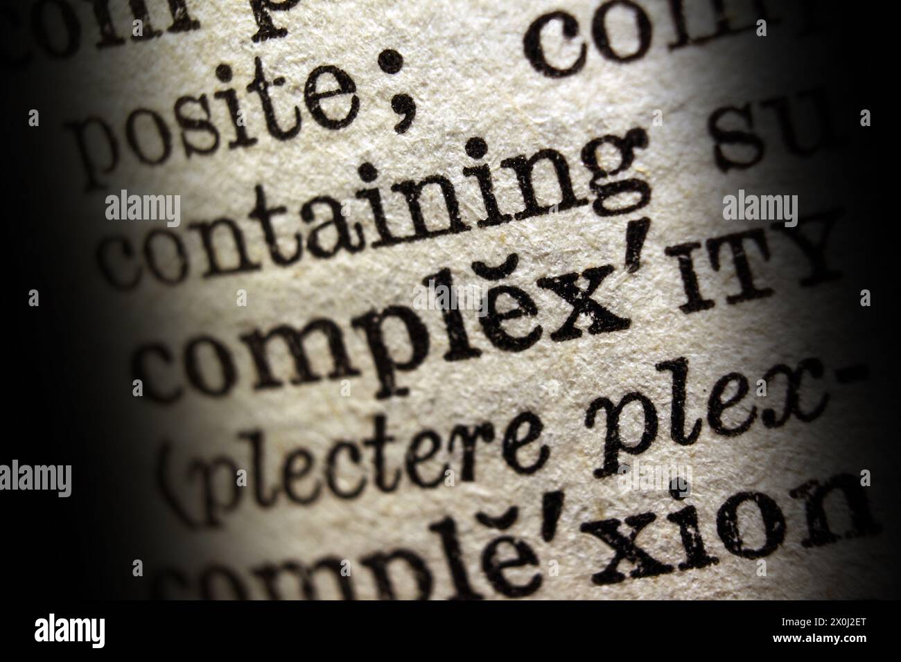 Complessità delle parole sulla pagina del dizionario, primo piano delle macro Foto Stock