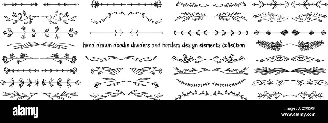 Divisori per scarabocchi, pacchetto bordi linea disegnati a mano, elementi Scribble isolati su sfondo bianco Illustrazione Vettoriale