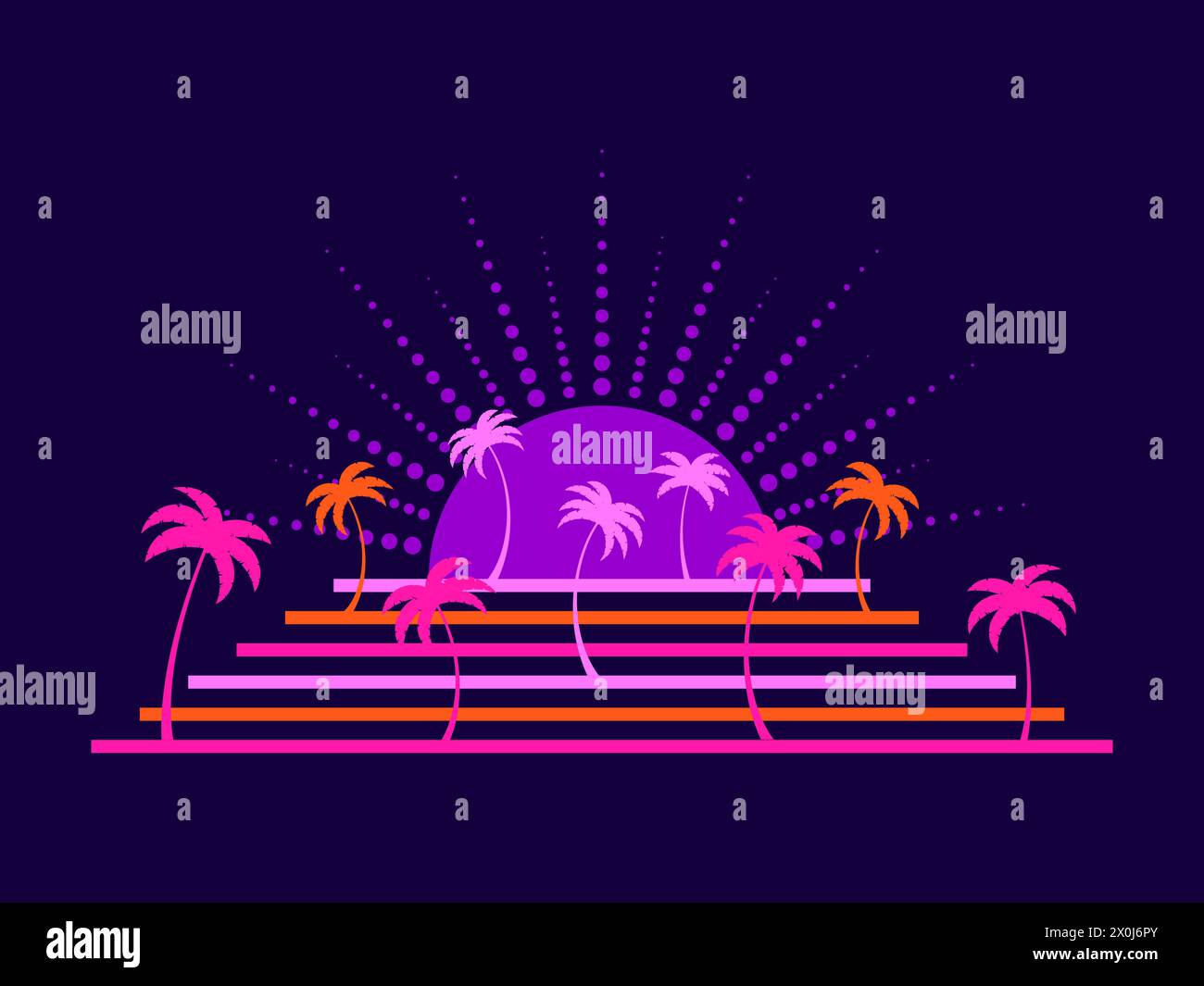 Palme nello stile dell'arte di linea nello stile degli anni '80 Silhouette tropicali di palme al tramonto, viola e rosa. Design per striscioni Illustrazione Vettoriale