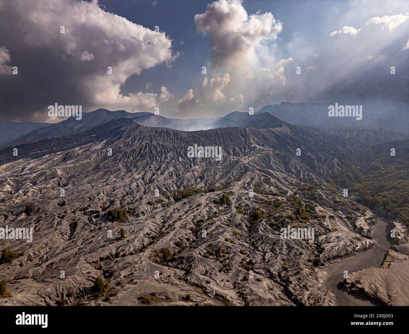 Il vulcano Bromo alto 2329 m nel Parco Nazionale di Bromo-Tengger-Semeru, Giava, Indonesia Foto Stock