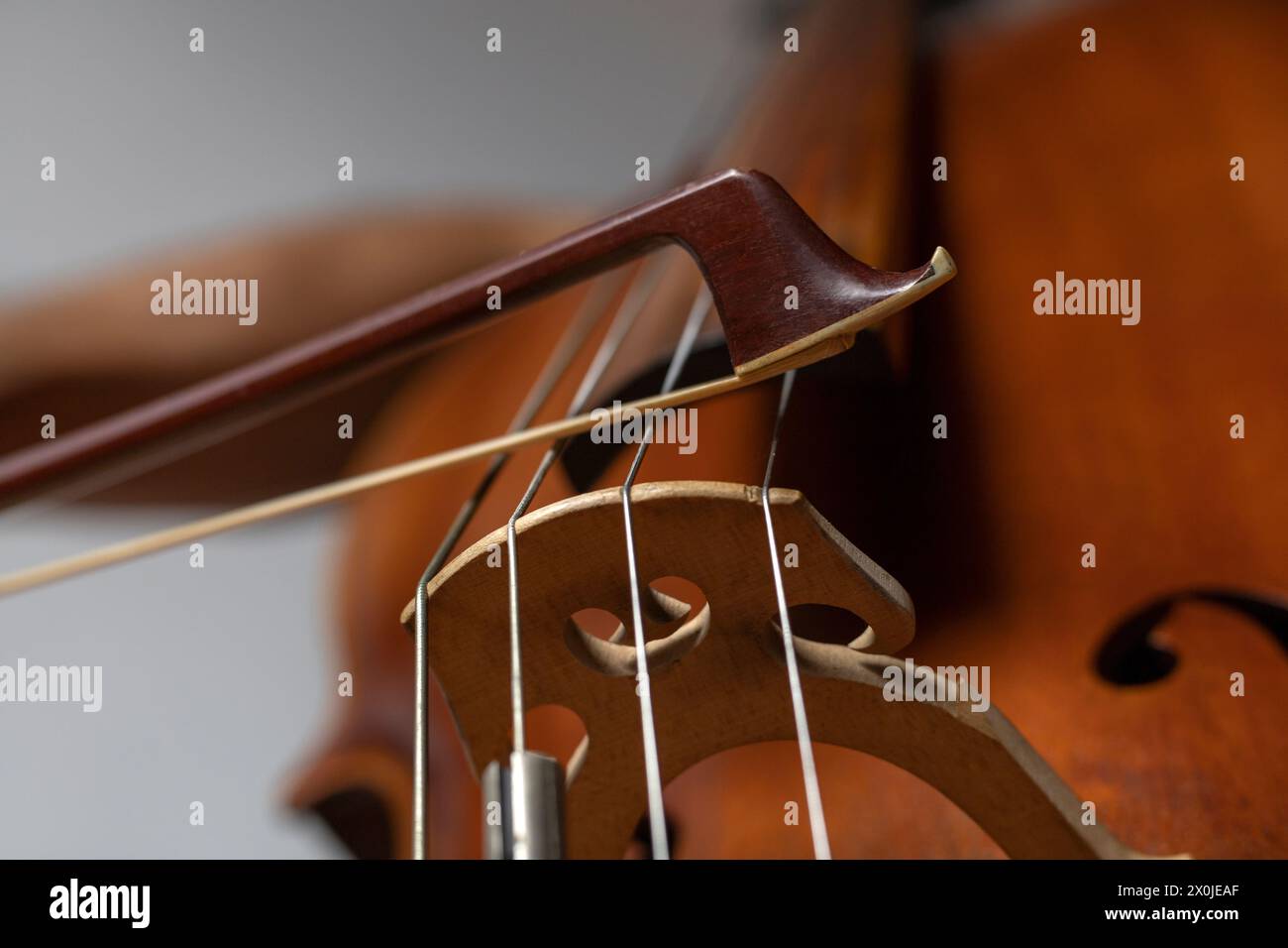 Primo piano dell'arco alla punta e posizionato correttamente sulla corda G del violoncello. Concept orchestra strumento e studente di musica. Foto Stock