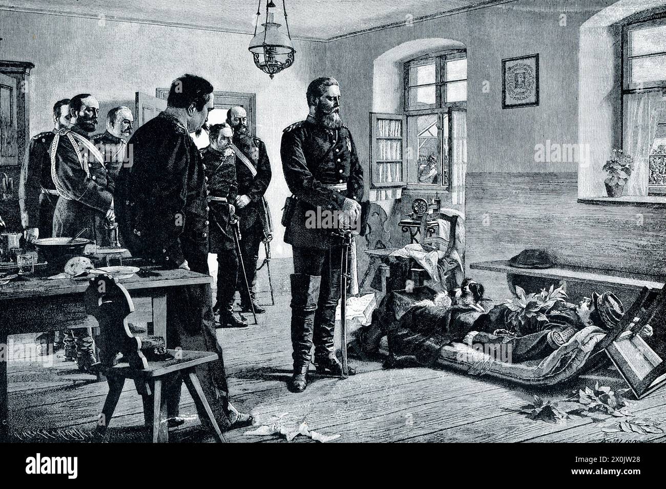 La didascalia dei primi anni '1900 recita: "Il principe Federico vede il corpo del generale Douay. Il principe ereditario prussiano Federico, dopo l'imperatore della pace Federico III, fu uno dei principali generali ed eroi della guerra franco-prussiana del 1870. Vinse la sua prima battaglia a Weissenburg. Il comandante francese, il generale Douay, cadde combattendo coraggiosamente, e nella loro ritirata affrettata i suoi soldati lasciarono indietro il suo corpo, custodito solo dal suo fedele cagnolino. Nell'illustrazione il vincitore e il suo bastone con le teste scoperte, salutando con rispetto il corpo del loro valoroso nemico". Foto Stock