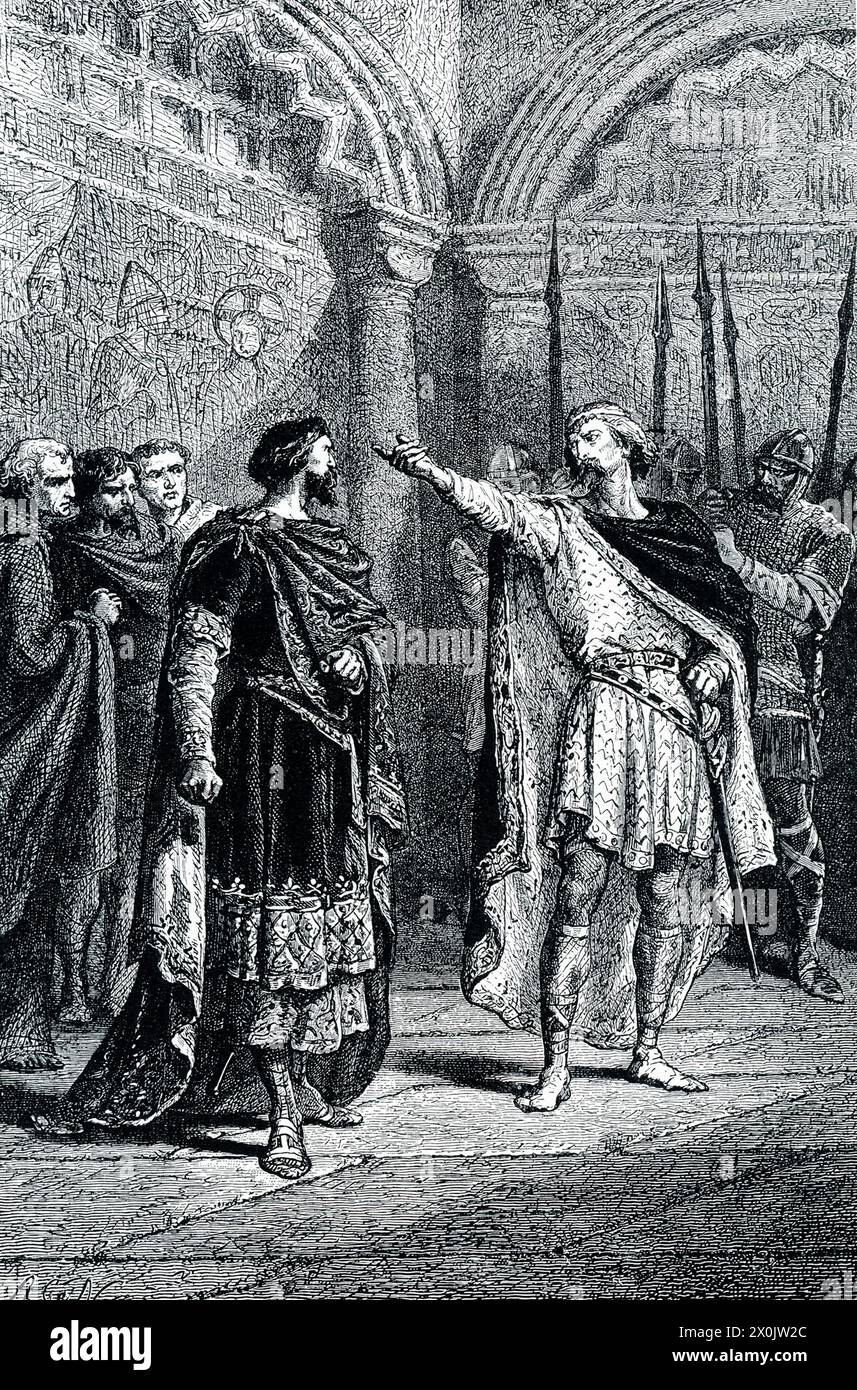 La didascalia dei primi anni '1900 recita: 'HUGH CAPET E IL CONTE DI PERIGORD.—Hugh Capet era un grande signore di Francia che prese il regno dai discendenti degenerati di Carlo Magno e stabilì la sua famiglia per regnarvi finché la Francia avesse dei re. [Fu re dal 987 al 996.] Aveva poco potere sui baroni selvaggi intorno a lui. Una volta cercando di ricordare al conte di Perigord la sua dipendenza dal trono, Ugo gli chiese: “Chi ti ha fatto contare?” “Chi ti ha fatto re?” si ricongiunse con sfida al conte altezzoso”. Foto Stock