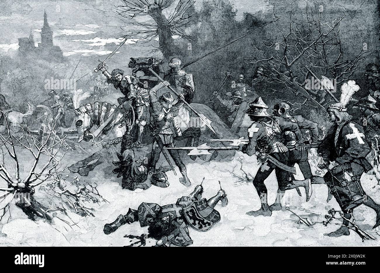 La didascalia dei primi anni '1900 recita: "ULTIMO COMBATTIMENTO DI CARLO IL CORAGGIO. - Questo duca di Borgogna era diventato così ricco e potente da essere più grande della maggior parte dei re. Era l'uomo più orgoglioso d'Europa, così vanitoso e testardo da dichiarare guerra sia alla Germania che alla Svizzera in una sola volta. La sconfitta lo rese solo più ostinato, e alla fine con solo un piccolo residuo dei suoi soldati attaccò l'intero esercito dei suoi nemici a Nancy. Ha accusato ripetutamente e furiosamente, fino a quando non è stato lasciato quasi solo. Sconcertato e disperato, continuò a infliggere colpi selvaggi intorno a lui, fino a quando cadde in mezzo alla fuga del suo sciocco Foto Stock