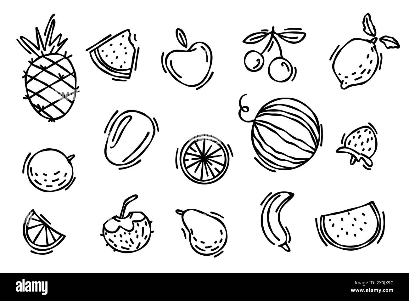 Set di frutta esotica disegnata con doodle, fette di cocco e limone. Carini frutti tropicali. Graziosi frutti tropicali. Frutti tropicali naturali. Illustrazione Vettoriale