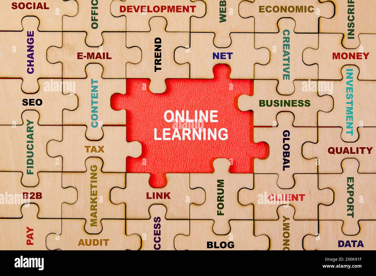 I pezzi del puzzle formano le parole "apprendimento online", che simboleggiano la natura collaborativa e interattiva dell'e-learning. Foto Stock