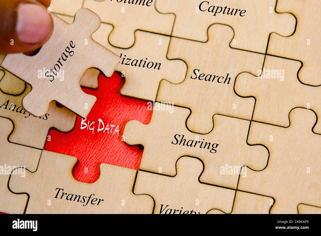 Una foto ravvicinata di una mano umana che inserisce il pezzo finale in un puzzle che dice "BIG DATA, Foto Stock