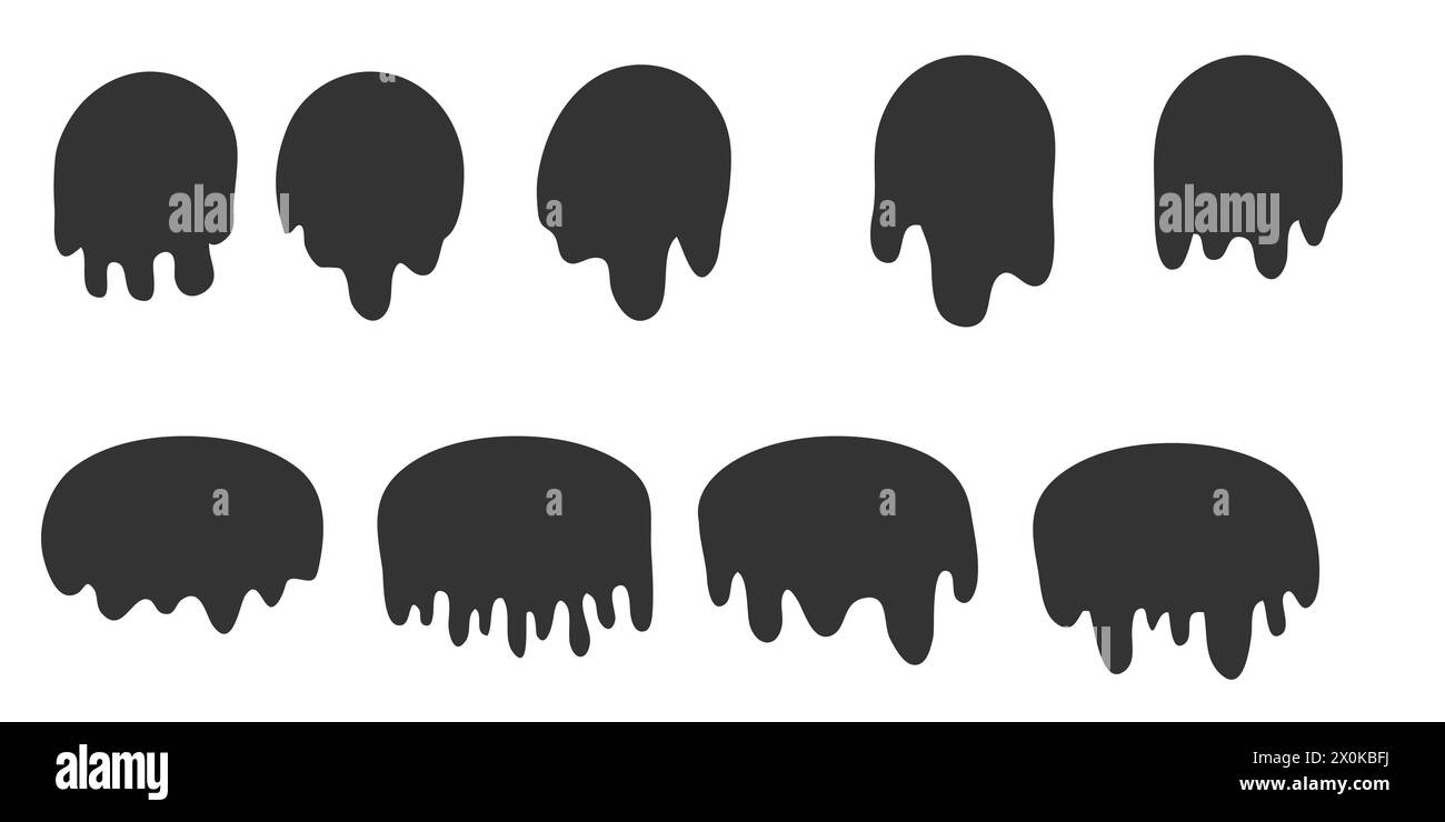 Set di vernice circolare gocciolante, gocce di liquido rotonde. Illustrazione Vettoriale