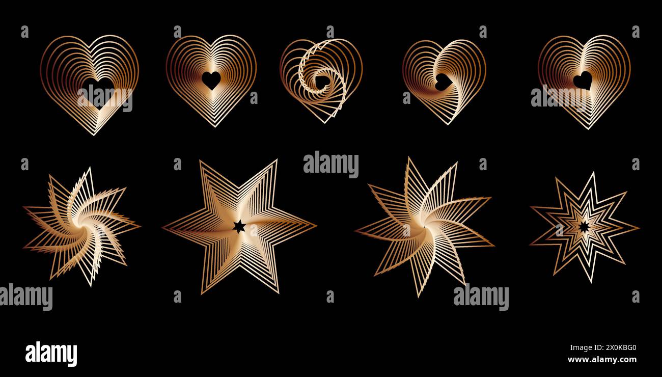 Set di forme dorate a forma di cuore e stella isolate Illustrazione Vettoriale