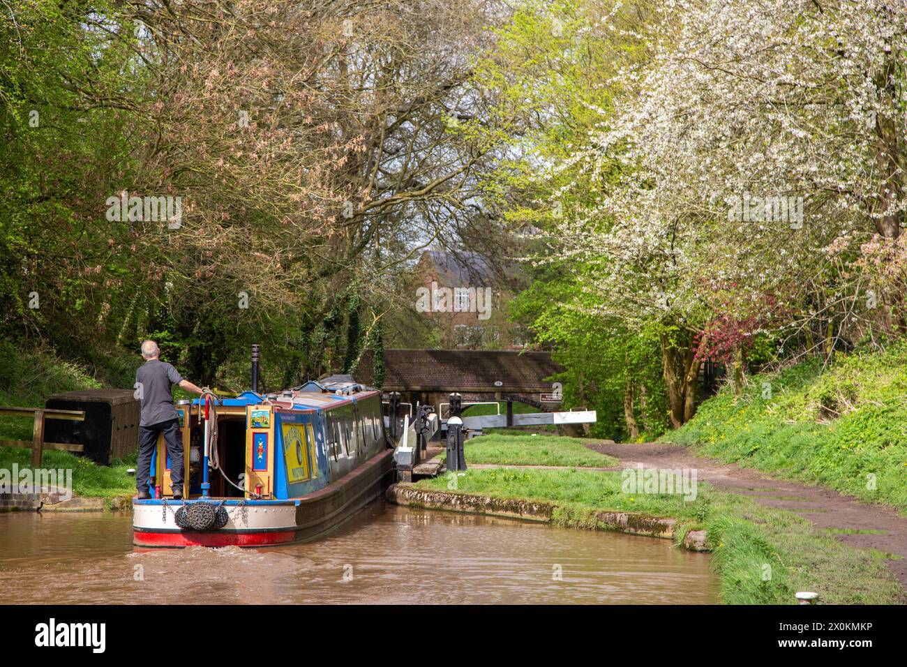 Uomo che prende un canale in barca stretta da solo attraverso chiuse sul canale Shropshire union mentre si avvicina al villaggio Cheshire di Audlem, Inghilterra, Regno Unito Foto Stock