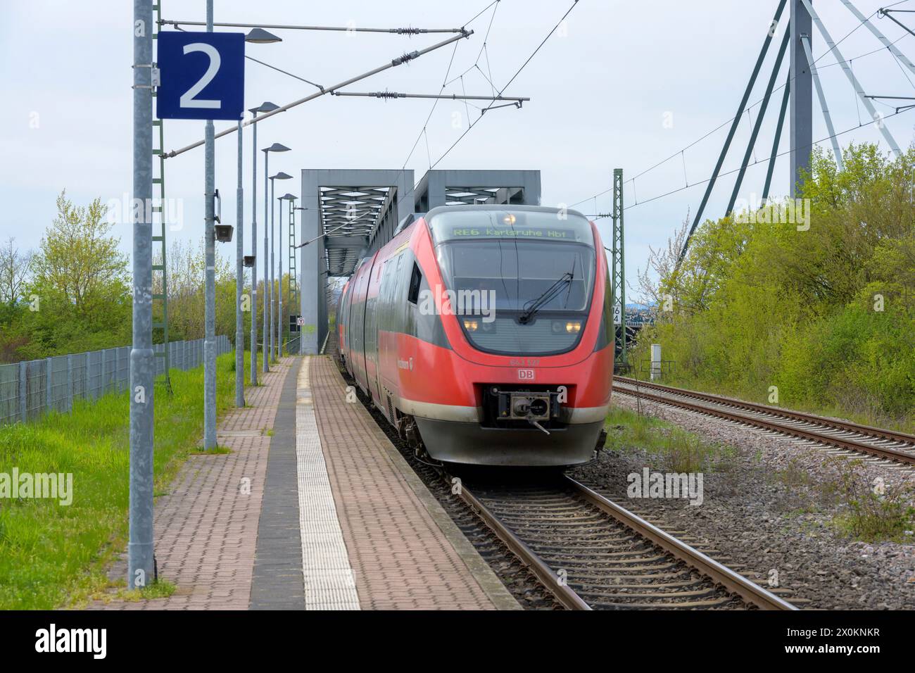Germania, Baden-Württemberg, Karlsruhe, treno passeggeri vicino al ponte sul Reno. Foto Stock