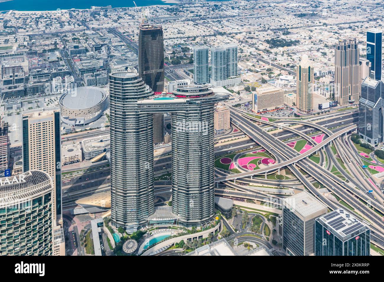 Vista dello skyline dalla piattaforma visitatori al 124° piano, ad un'altezza di 450 m, Burj Khalifa, l'edificio più alto del mondo, alto 830 m, grattacielo, skyline, Dubai, Emirati Arabi Uniti, Medio Oriente, Asia Foto Stock