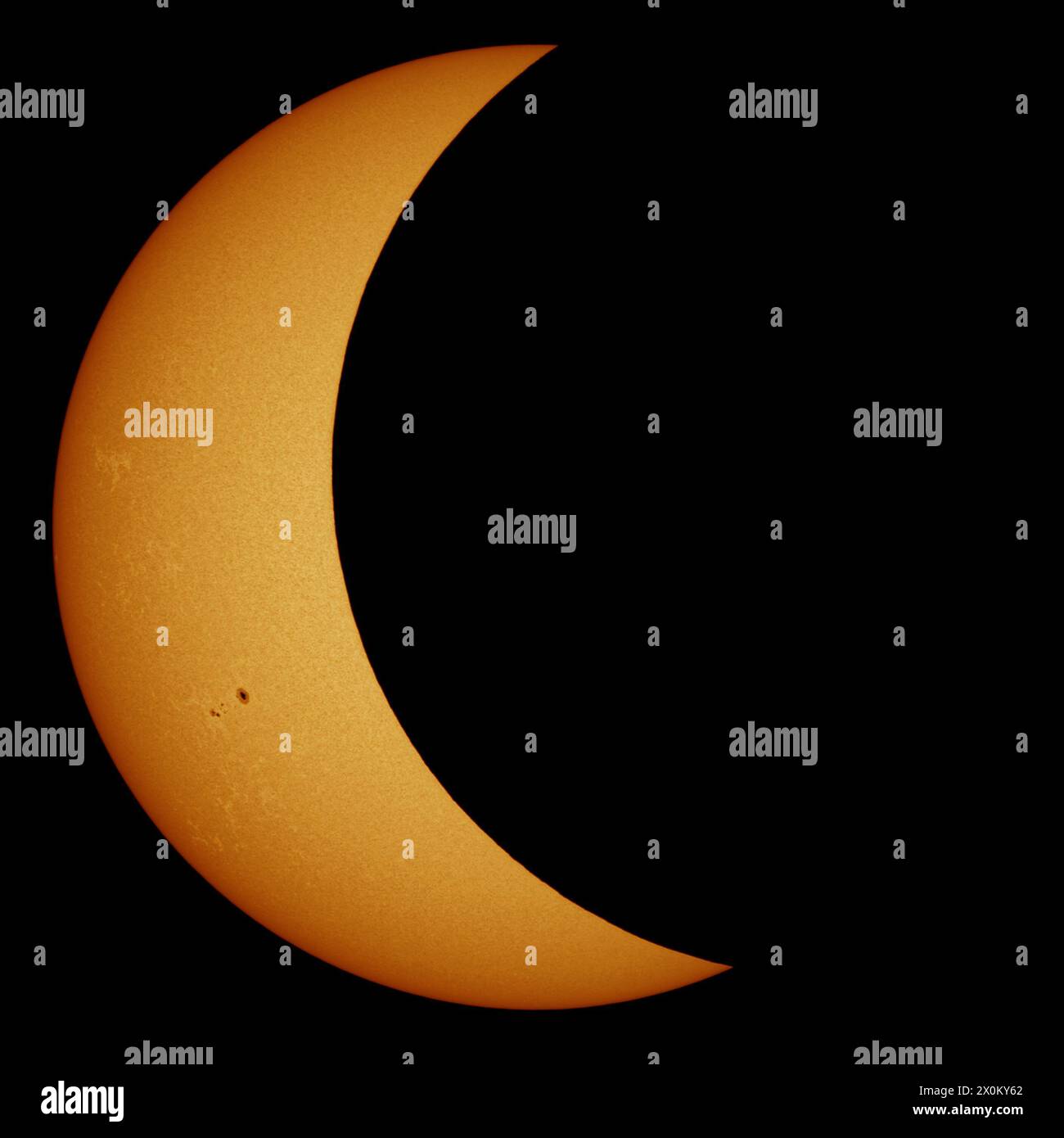 2024 fase parziale di Eclipse solare in luce bianca con dettagli elevati della fotosfera e degli spot solari Foto Stock