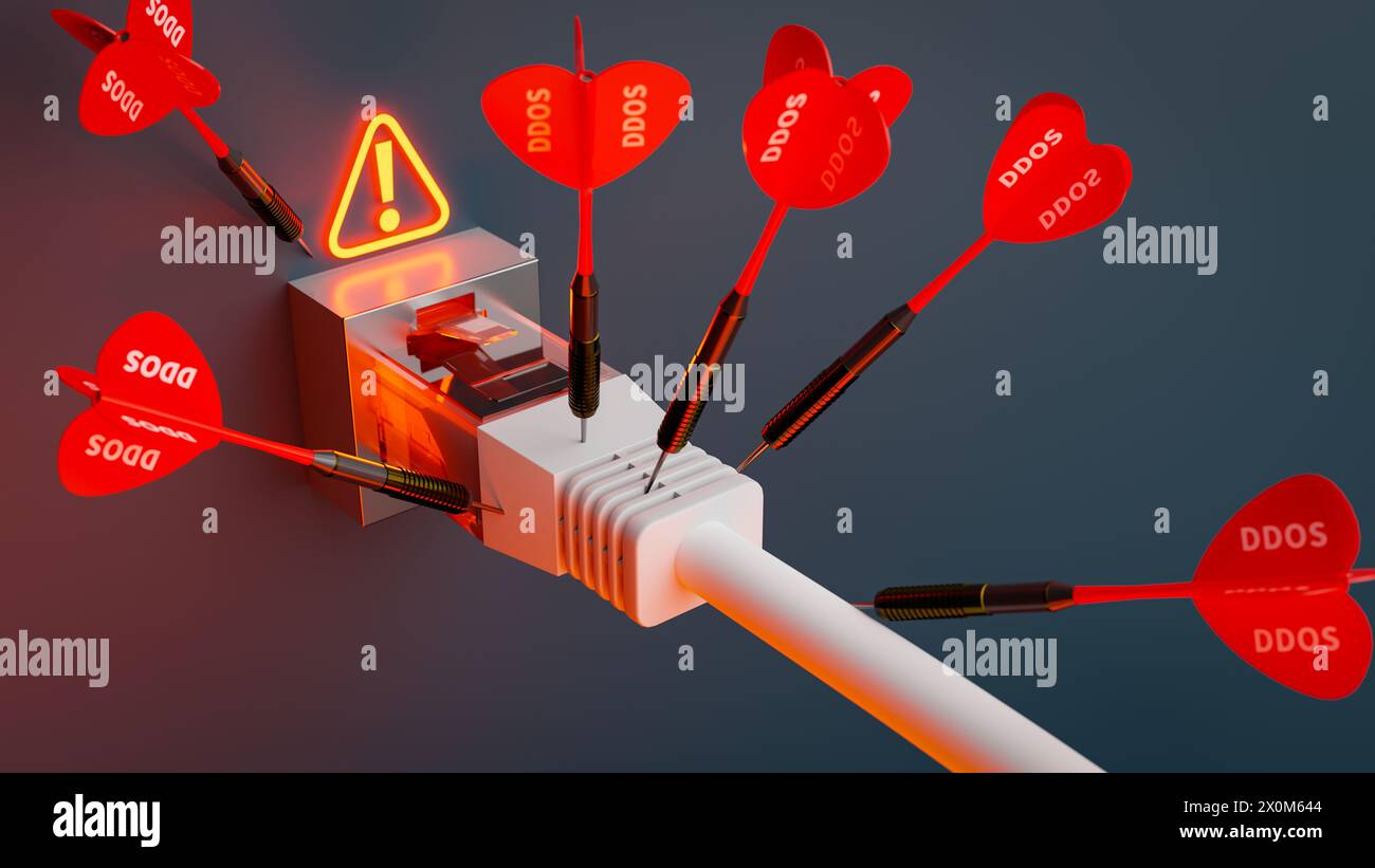 Concetto di ricezione di attacchi ddos tramite Internet. rendering 3d. Foto Stock