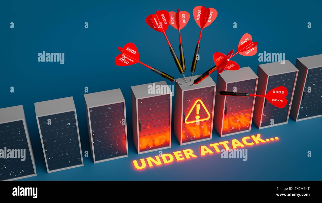 Concetto di ricezione di attacchi ddos tramite Internet. rendering 3d. Foto Stock