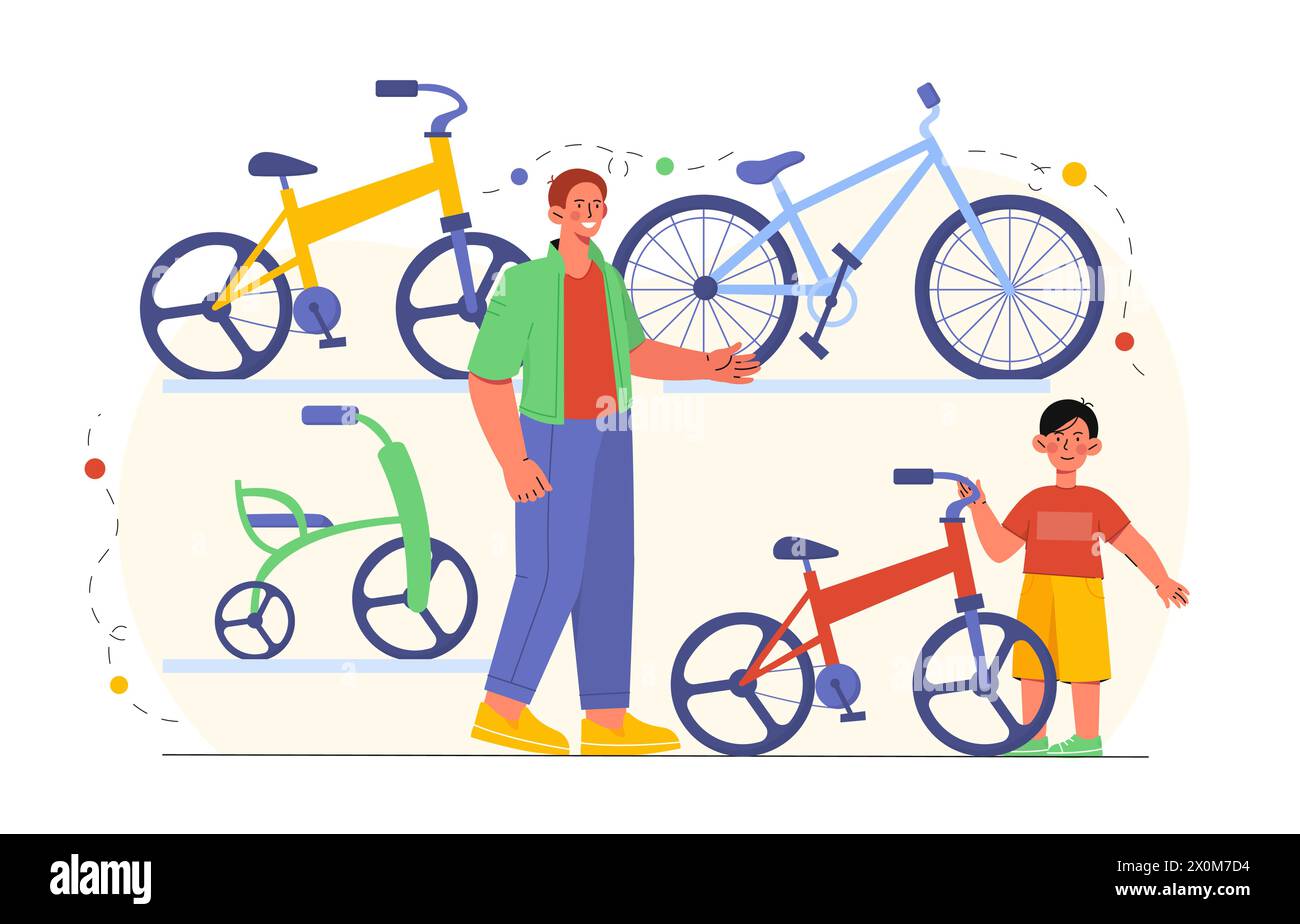 Padre con figlio al negozio di biciclette Vector Illustrazione Vettoriale