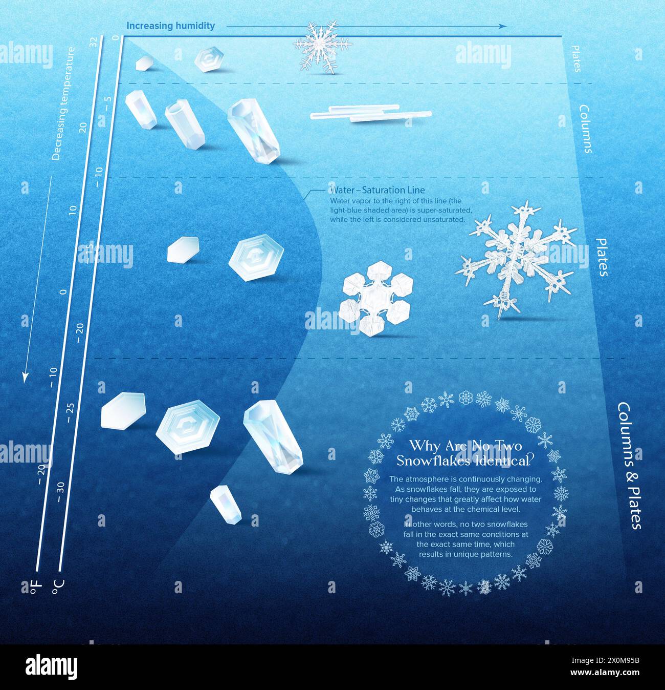 Illustrazione infografica che mostra come si formano i fiocchi di neve e come la temperatura e l'umidità dell'atmosfera influenzano il modo in cui i cristalli di ghiaccio crescono. Foto Stock