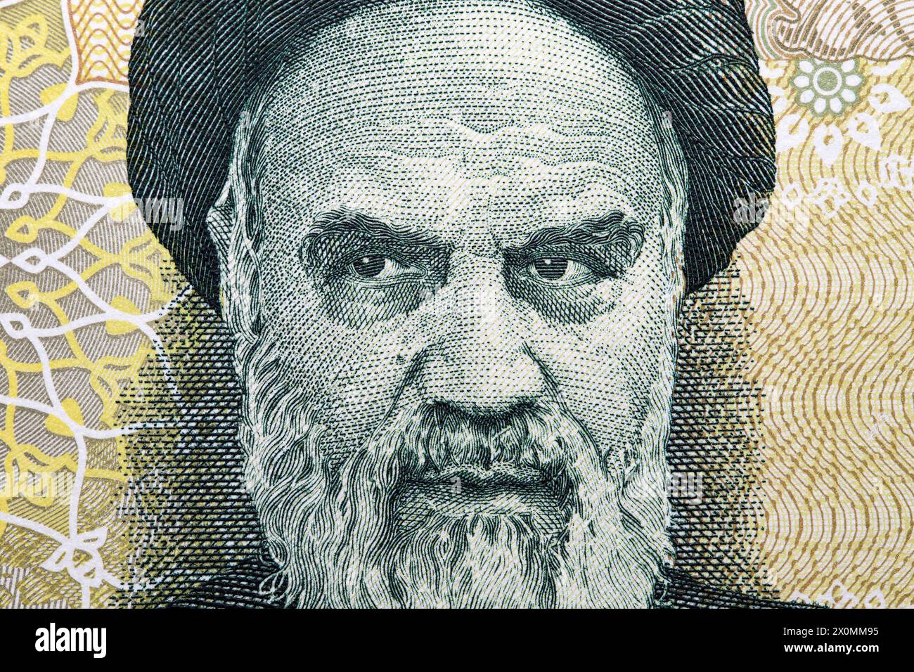 Ruhollah Khomeini un ritratto di primo piano dal denaro iraniano - Rial Foto Stock