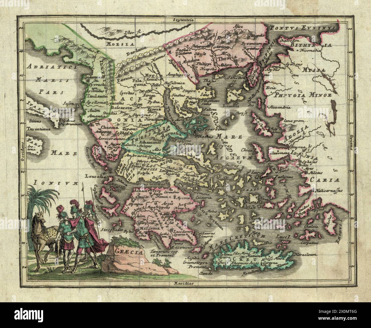 Antica mappa a colori della Grecia, prima del 1731 Foto Stock