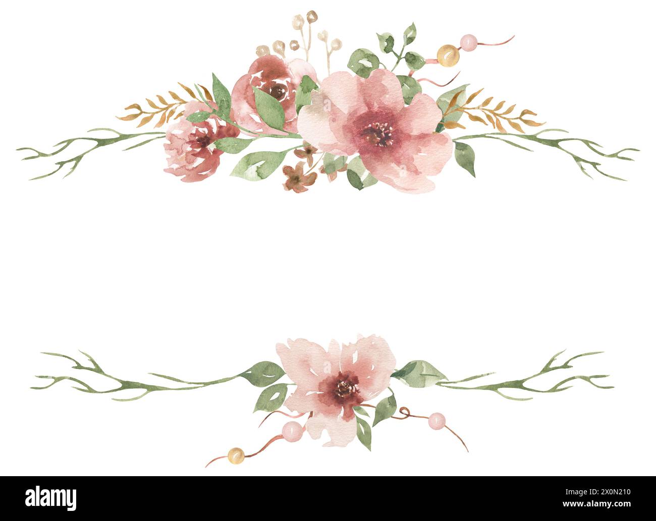 Fiori rosa acquerello e cornice verde, illustrazione del bouquet floreale del giardino, falesia della corona Foto Stock