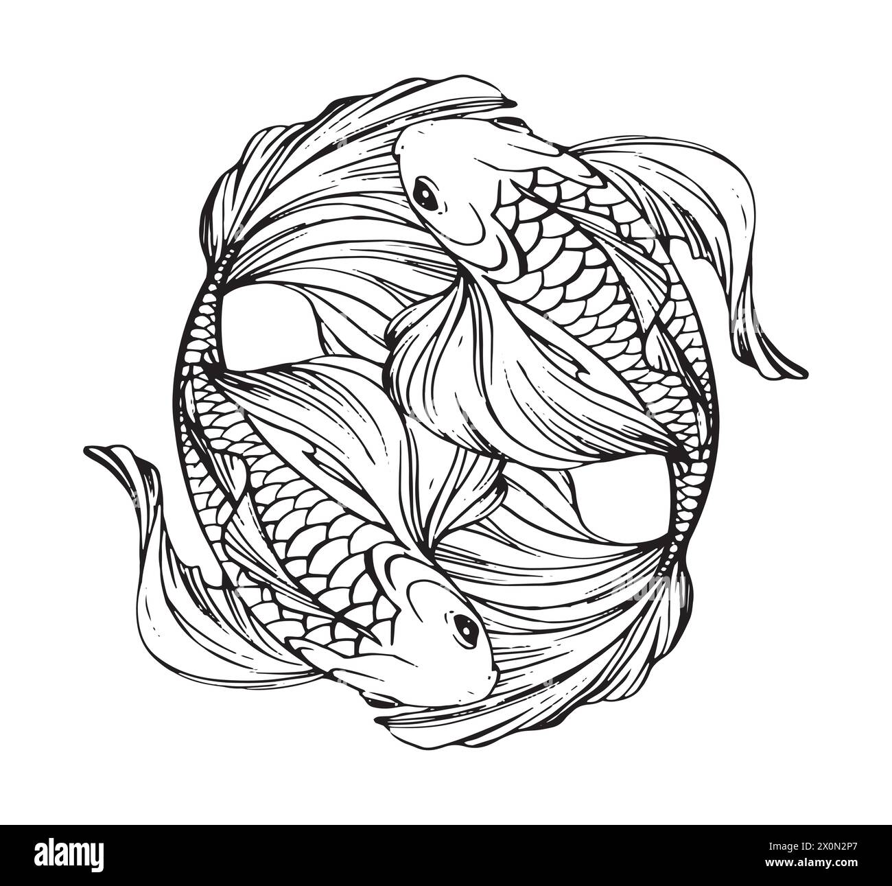 Segno zodiaco Pesci, tatuaggio boho linea, due bei pesci in un cerchio. Stilizzazione dell'incisione vettoriale, acqua dell'elemento oroscopo, illustrazione disegnata a mano Illustrazione Vettoriale