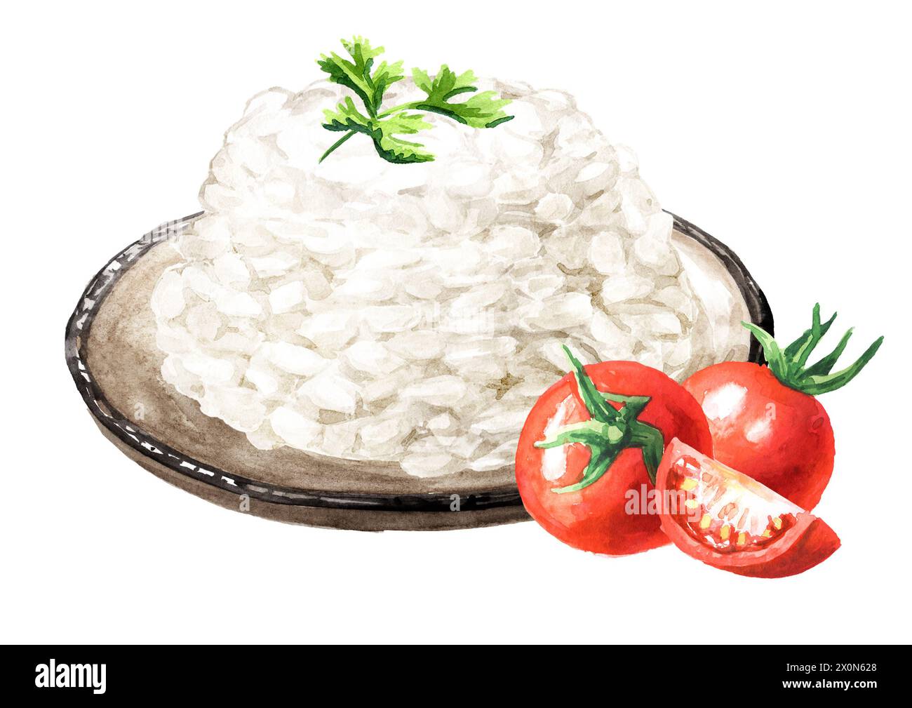 Riso bollito, duetto per piatto asiatico. Illustrazione ad acquerello disegnata a mano, isolata su sfondo bianco Foto Stock