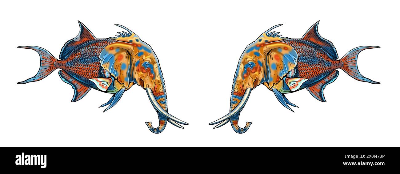 Muntant animale: Pesce con testa di elefante. Creatura fantasy. Foto Stock